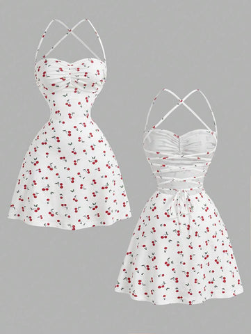 Ruffled Open Back A-Line Cherry Print Cami Dress,Backles,Sexy ,Coquette ,Festival,Tropic