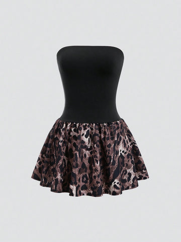 Sexy Ladies Sweet & Spicy Leopard Print Black 2-Piece Dress Set