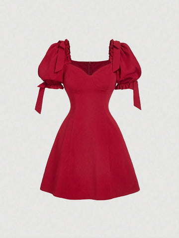 Short Fitted Red Mini Dress With Puff Sleeves