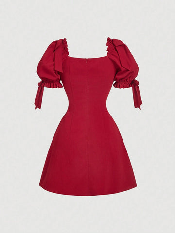 Short Fitted Red Mini Dress With Puff Sleeves