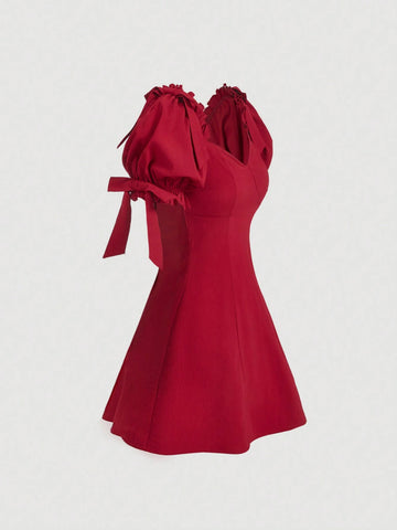 Short Fitted Red Mini Dress With Puff Sleeves