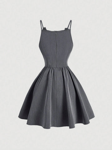 Short Grey Princess Bow Dress,Fall/Winter Women Dress,Old Money Style Dress,Frenchies