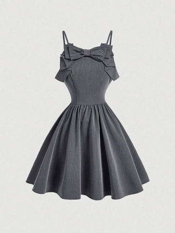 Short Grey Princess Bow Dress,Fall/Winter Women Dress,Old Money Style Dress,Frenchies