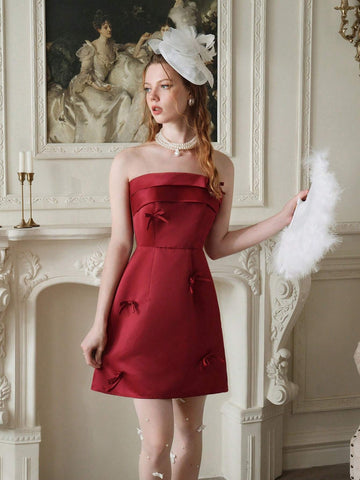 Short Satin Dress With Collar Fold And Bow Decor,Christmas Women Clothes,Thanksgiving Women