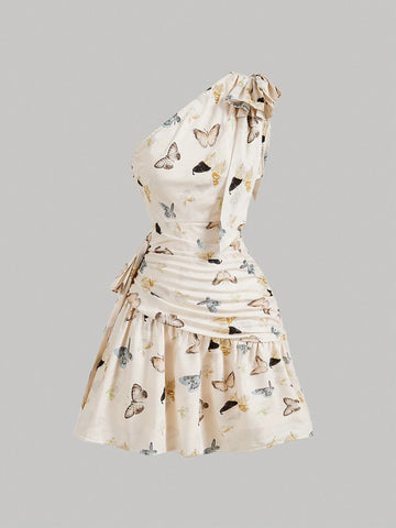 Side Cutout Bow Butterfly Print Retro Dress, Elegant Dress, Party Dress,Holiday Outfits,New Years