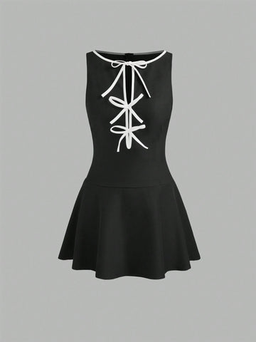 Sleeveless Round Neck Color-Block Mini Dress With Thin Straps