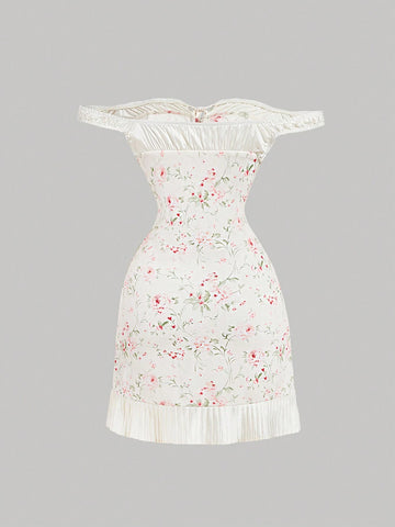 Slim Fit Floral Print One Shoulder Dress With Ruffle Pleated Hem, Vintage Tie Front Party Women'S