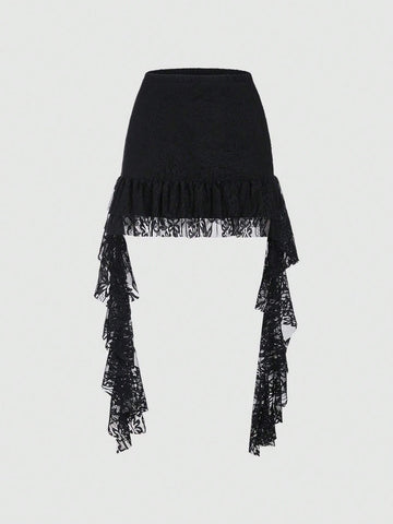 MOD Solid-Colored Asymmetrical Hem Sexy Lace See-Through Mini Skirt