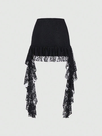 MOD Solid-Colored Asymmetrical Hem Sexy Lace See-Through Mini Skirt