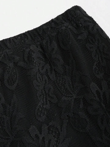 MOD Solid-Colored Asymmetrical Hem Sexy Lace See-Through Mini Skirt