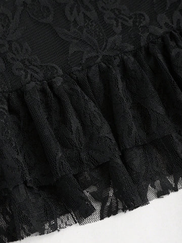 MOD Solid-Colored Asymmetrical Hem Sexy Lace See-Through Mini Skirt
