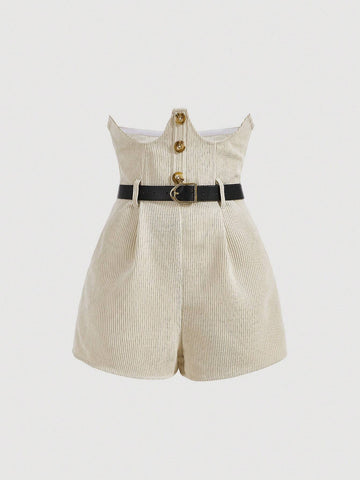 MOD Solid Button Front Plicated Detail Belted Shorts