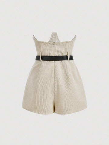 MOD Solid Button Front Plicated Detail Belted Shorts