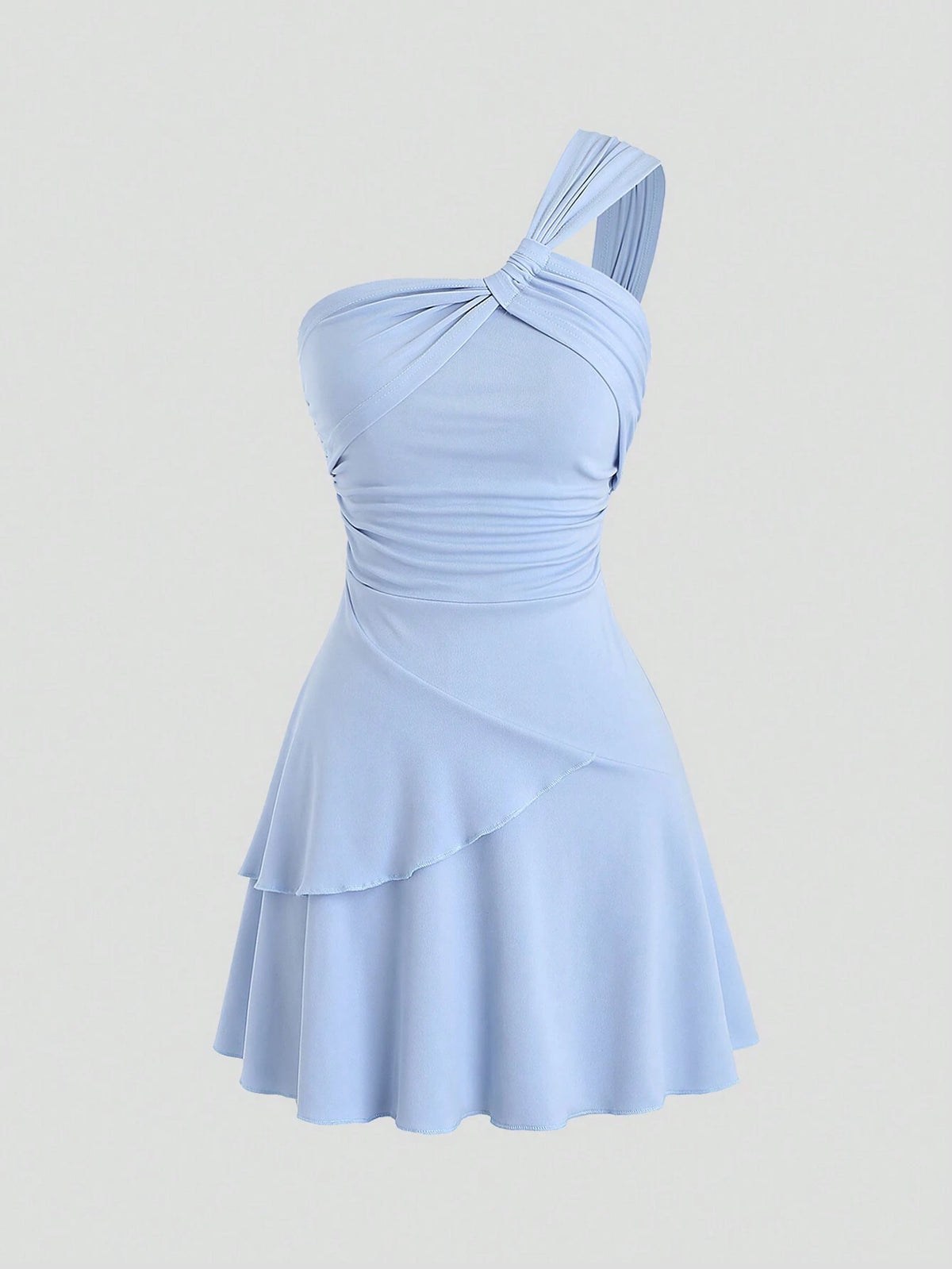 Solid Color Asymmetrical Neckline Ruched Cinching Waist Dress