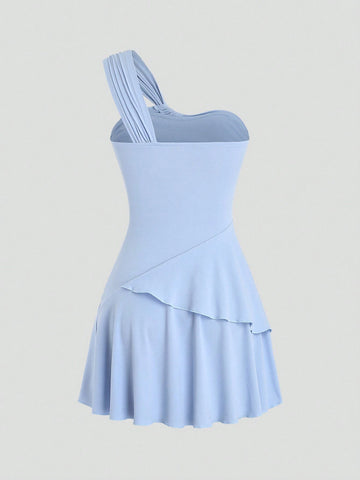 Solid Color Asymmetrical Neckline Ruched Cinching Waist Dress
