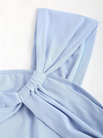 Solid Color Asymmetrical Neckline Ruched Cinching Waist Dress