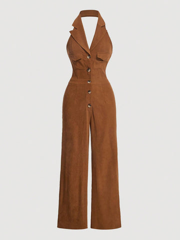 Solid Color Button Front Halter Neck Jumpsuit