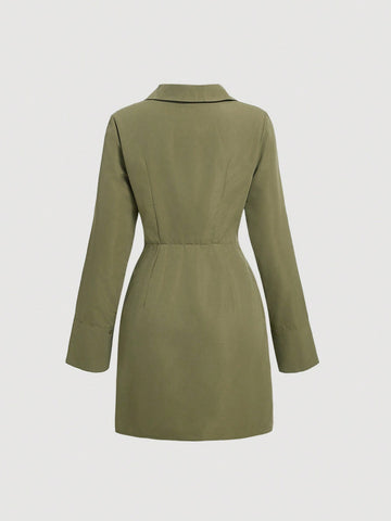 MOD Solid Color Button Up Pleated Dress
