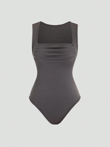 Solid Color Pleated Sleeveless Bodysuit