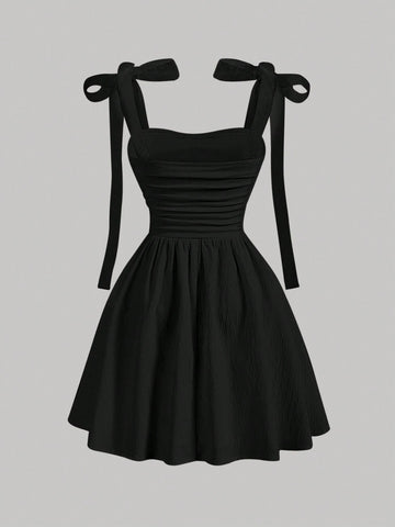 Solid Color Ruched Mesh Strap Romantic Summer Dress
