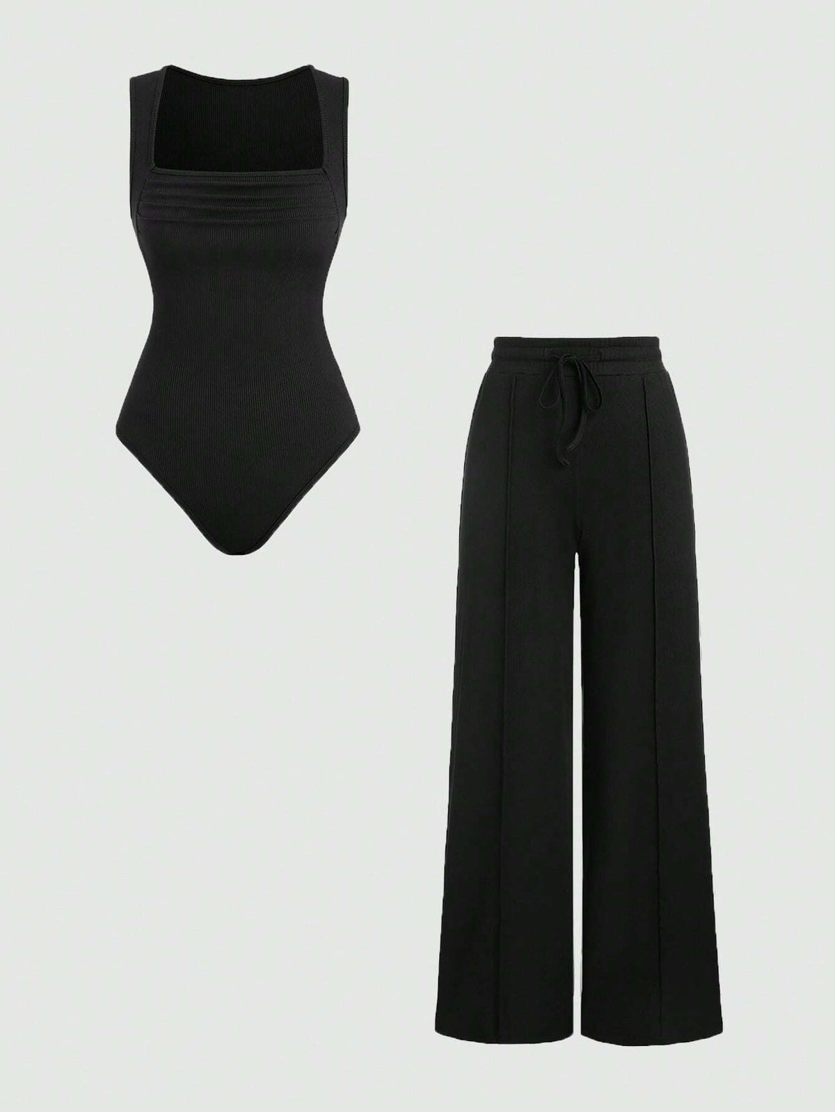 Solid Color Square Neck Slim Fit Sleeveless Jumpsuit And Pleated Wide Leg Pants Two Piece Set