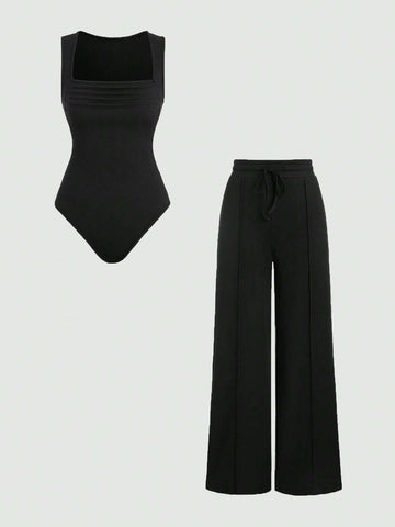 Solid Color Square Neck Slim Fit Sleeveless Jumpsuit And Pleated Wide Leg Pants Two Piece Set