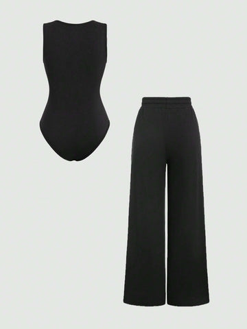 Solid Color Square Neck Slim Fit Sleeveless Jumpsuit And Pleated Wide Leg Pants Two Piece Set