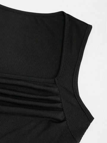 Solid Color Square Neck Slim Fit Sleeveless Jumpsuit And Pleated Wide Leg Pants Two Piece Set