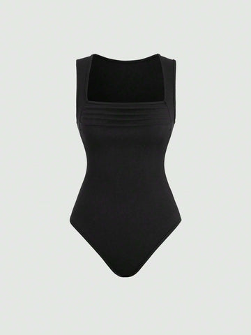 Solid Color Square Neck Slim Fit Sleeveless Jumpsuit And Pleated Wide Leg Pants Two Piece Set