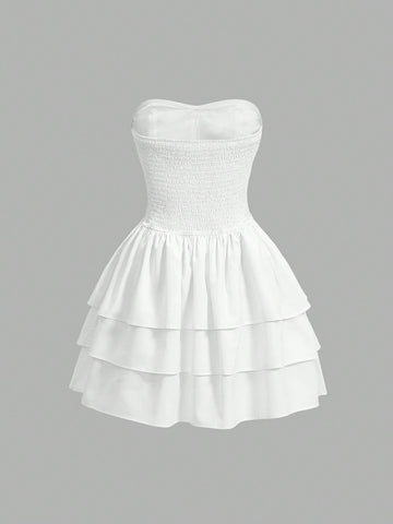 Solid Color Strapless Ruffle Trim Dress