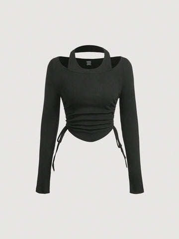 Solid Halter Neck Drawstring Side Tee