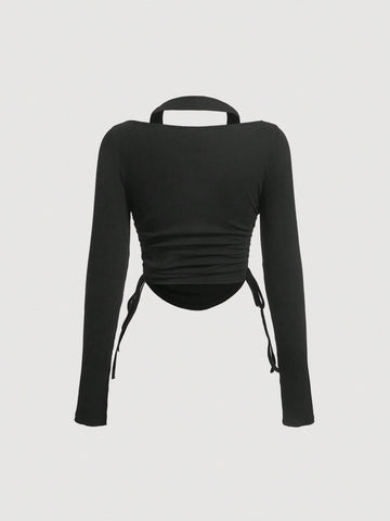 Solid Halter Neck Drawstring Side Tee