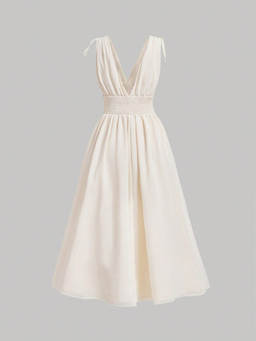 MOD Solid Ruched Bust Tie Shoulder Dress
