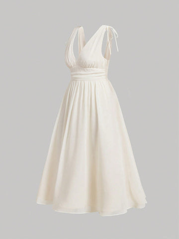 MOD Solid Ruched Bust Tie Shoulder Dress