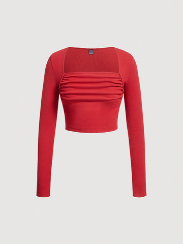 Solid Ruched Front Crop Tee