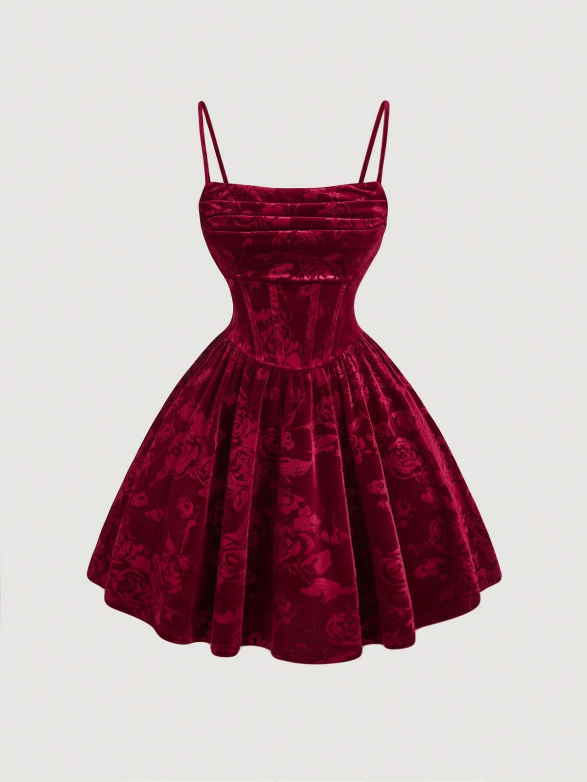 Spaghetti Strap Front Ruched Waist Flare Velvet Red Dress