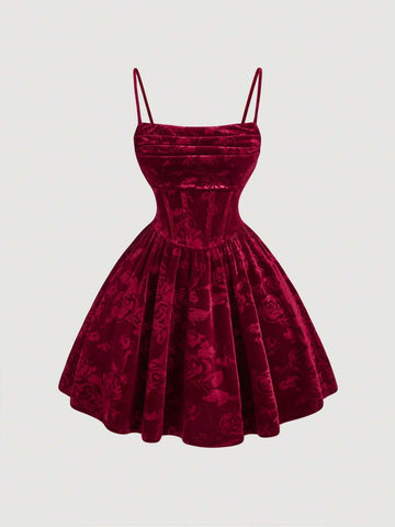 Spaghetti Strap Front Ruched Waist Flare Velvet Red Dress