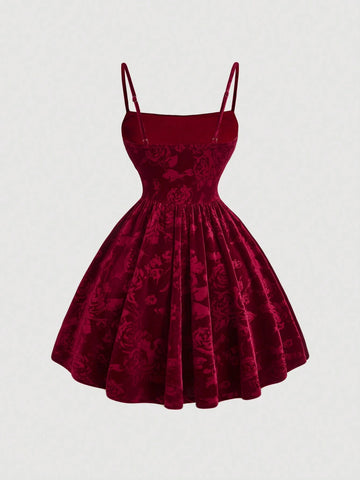 Spaghetti Strap Front Ruched Waist Flare Velvet Red Dress