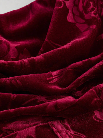 Spaghetti Strap Front Ruched Waist Flare Velvet Red Dress