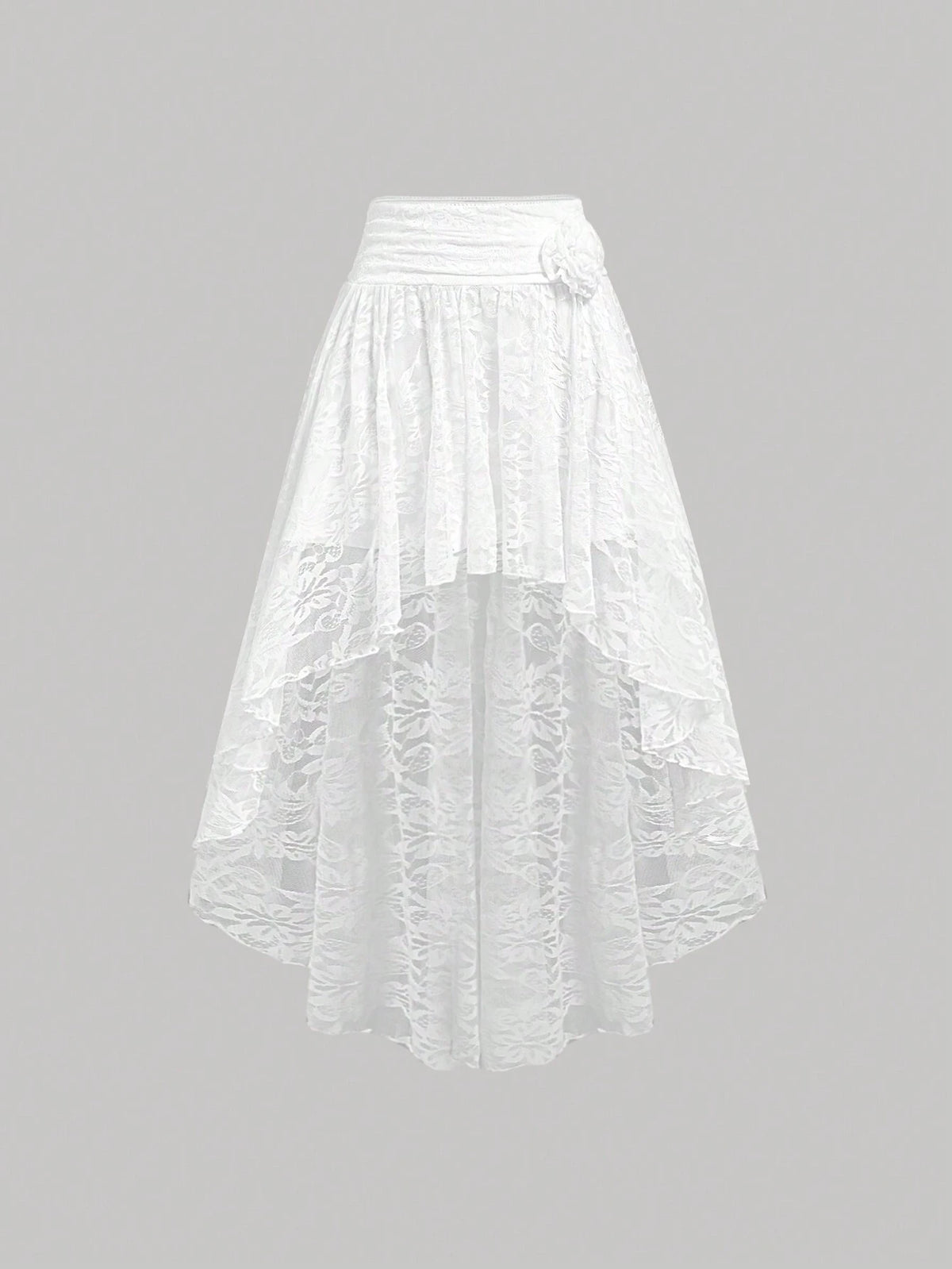 MOD Spring/Summer White Lace Textured High Waist 3D Floral Decorated Waist Slimming Pleated Skirt