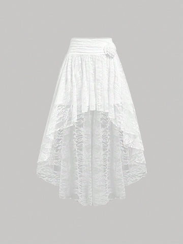 MOD Spring/Summer White Lace Textured High Waist 3D Floral Decorated Waist Slimming Pleated Skirt