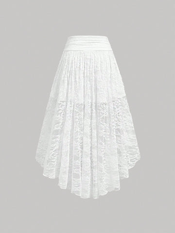 MOD Spring/Summer White Lace Textured High Waist 3D Floral Decorated Waist Slimming Pleated Skirt