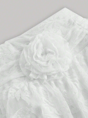 MOD Spring/Summer White Lace Textured High Waist 3D Floral Decorated Waist Slimming Pleated Skirt