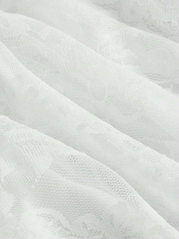 MOD Spring/Summer White Lace Textured High Waist 3D Floral Decorated Waist Slimming Pleated Skirt