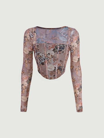 Spring Break Retro Floral And Figure Graphic Square Neck Curved Hem Tee