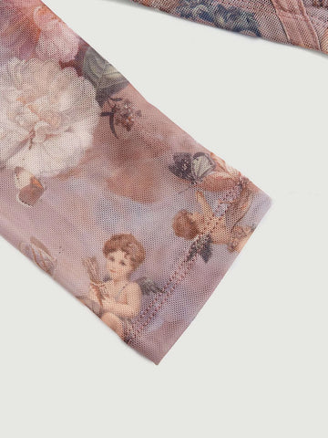 Spring Break Retro Floral And Figure Graphic Square Neck Curved Hem Tee