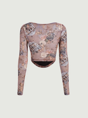 Spring Break Retro Floral And Figure Graphic Square Neck Curved Hem Tee