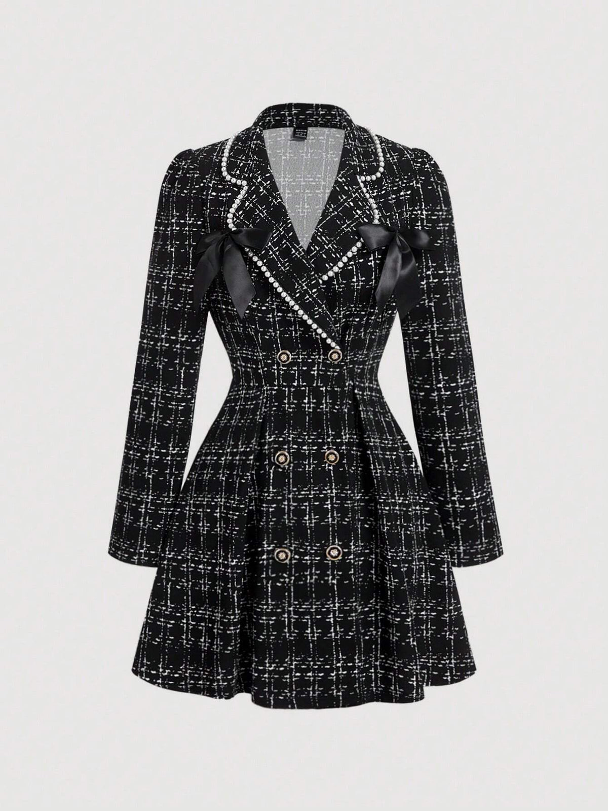 Spring & Autumn Elegant Pearl Trim Double-Breasted Black & White Plaid Dress