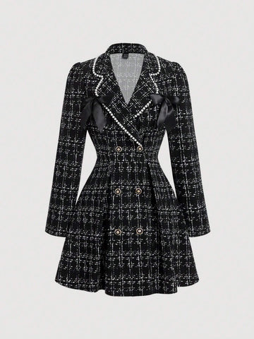 Spring & Autumn Elegant Pearl Trim Double-Breasted Black & White Plaid Dress