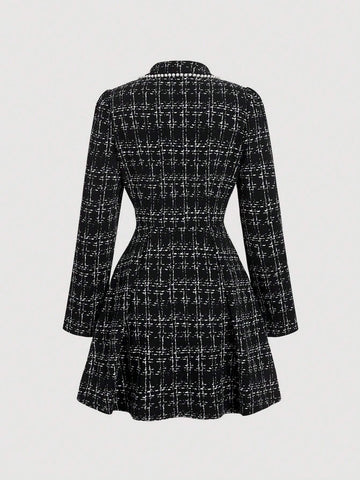 Spring & Autumn Elegant Pearl Trim Double-Breasted Black & White Plaid Dress